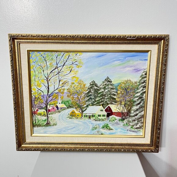 Original Artwork Framed Winter‎ Village Scene Painting By B. Hummer - Picture 1 of 9
